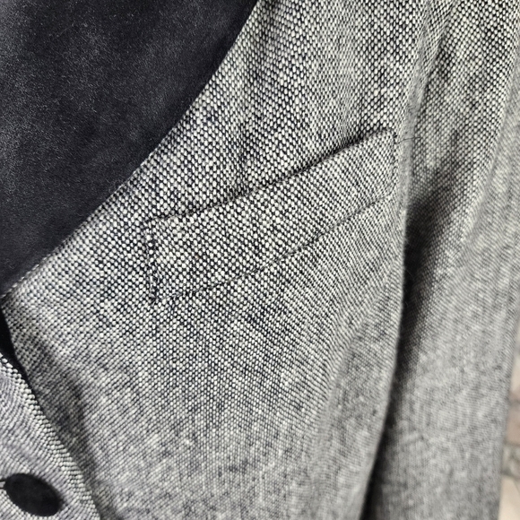 Vintage 80s Wool Preppy Tweed Blazer Velvet Trims Black White Academia Size 16 - Picture 4 of 15